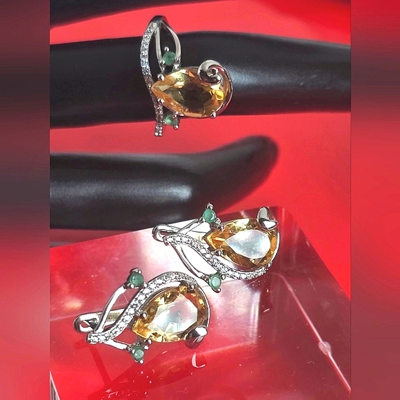 Natural Citrine & Emerald 925 Sterling Silver Set of Ring (Sz 8) & Earrings. - Picture 9 of 12